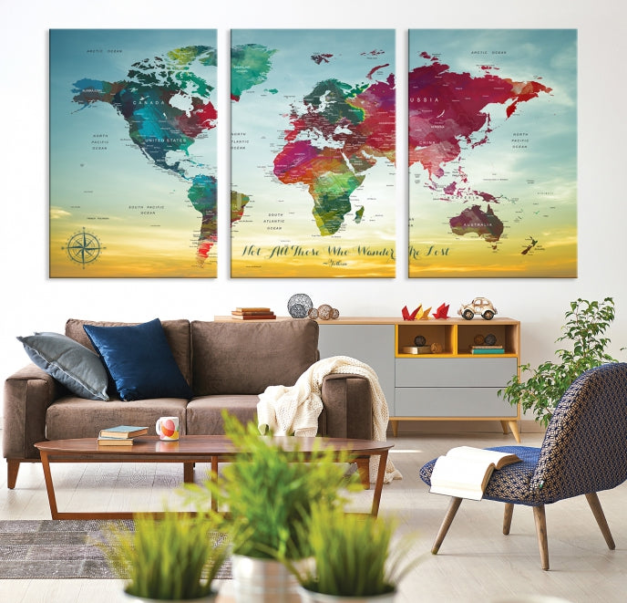 Extra Large World Map Push Pin Wall Art Canvas Print Traveler Gift Framed Ready to Hang