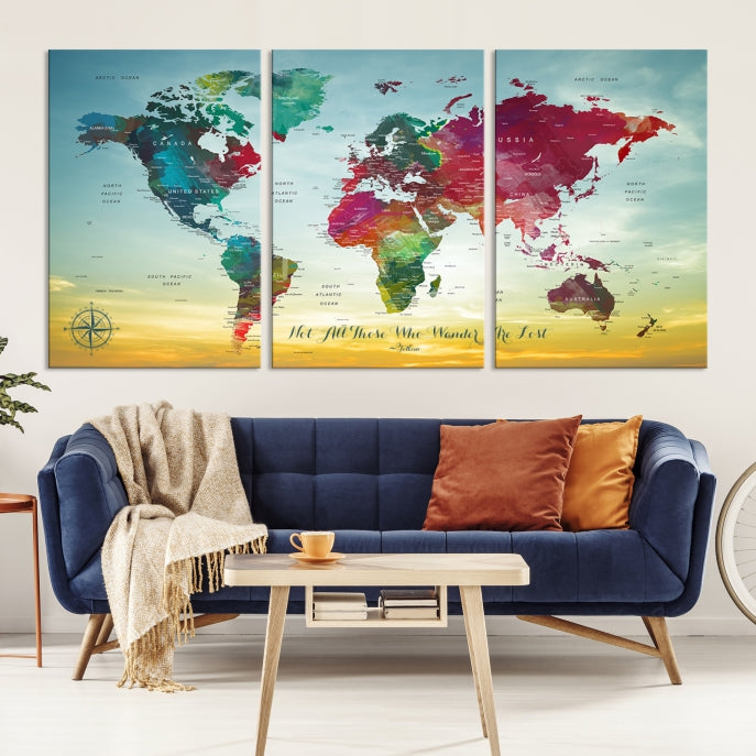 Extra Large World Map Push Pin Wall Art Canvas Print Traveler Gift Framed Ready to Hang