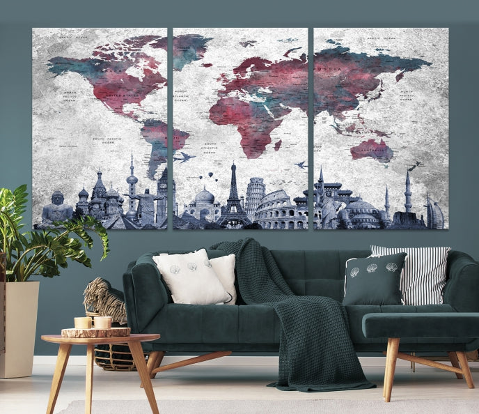 Extra Large World Map Wall Art Canvas Print with World Landmarks Travel Map Push Pin