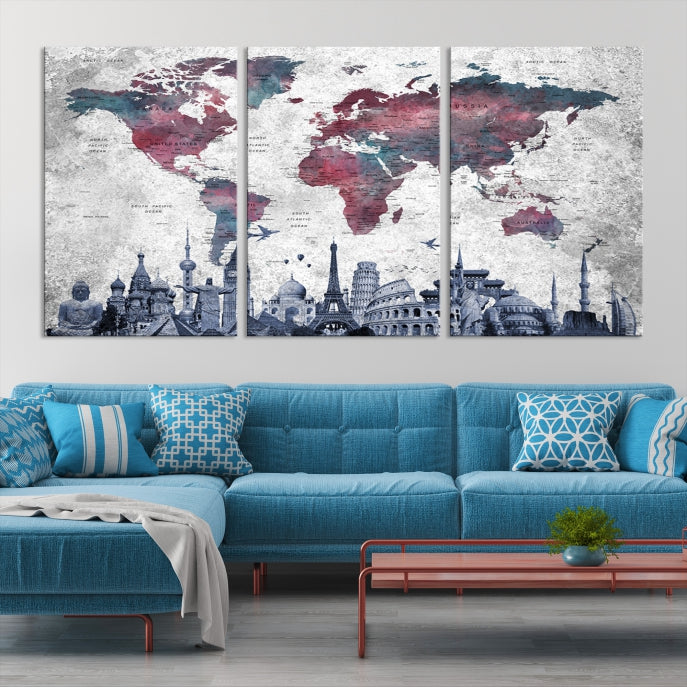 Extra Large World Map Wall Art Canvas Print with World Landmarks Travel Map Push Pin