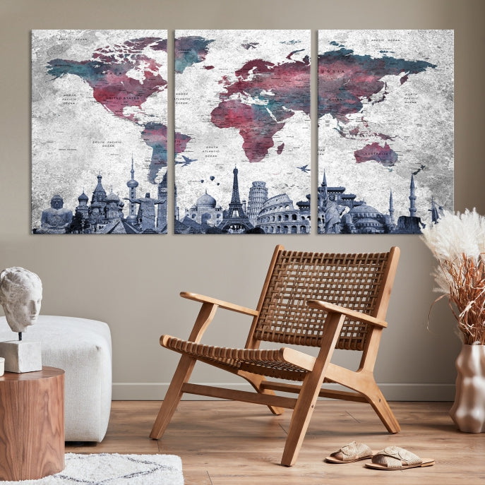 Extra Large World Map Wall Art Canvas Print with World Landmarks Travel Map Push Pin