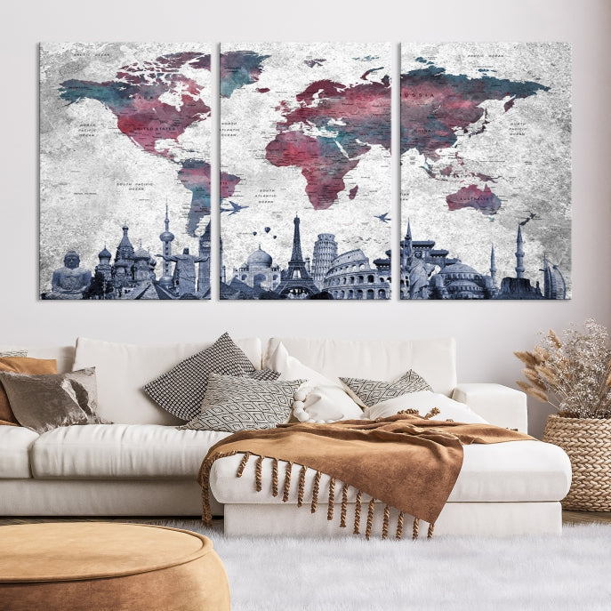 Extra Large World Map Wall Art Canvas Print with World Landmarks Travel Map Push Pin