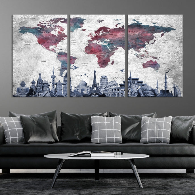 Extra Large World Map Wall Art Canvas Print with World Landmarks Travel Map Push Pin