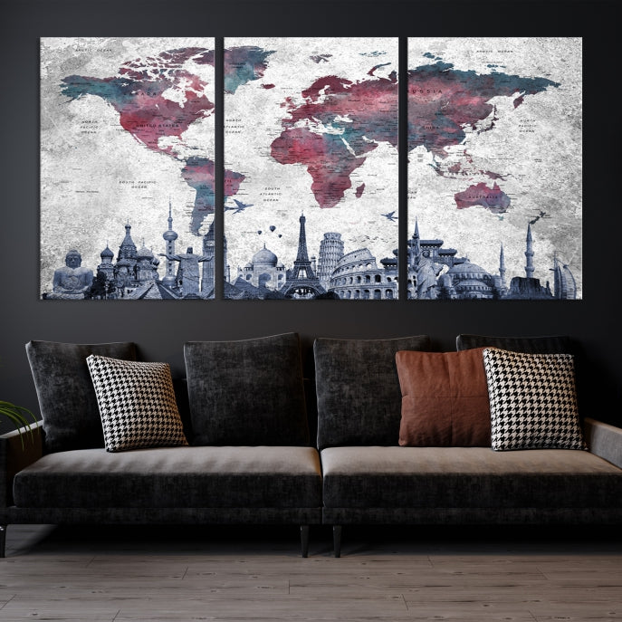 Extra Large World Map Wall Art Canvas Print with World Landmarks Travel Map Push Pin