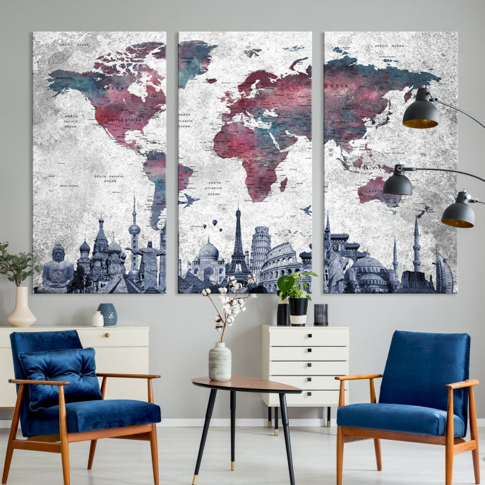 Extra Large World Map Wall Art Canvas Print with World Landmarks Travel Map Push Pin