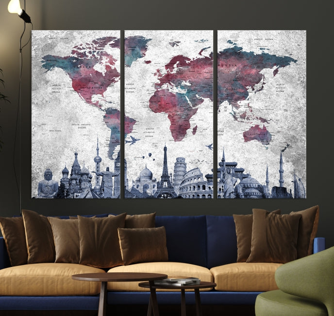 Extra Large World Map Wall Art Canvas Print with World Landmarks Travel Map Push Pin