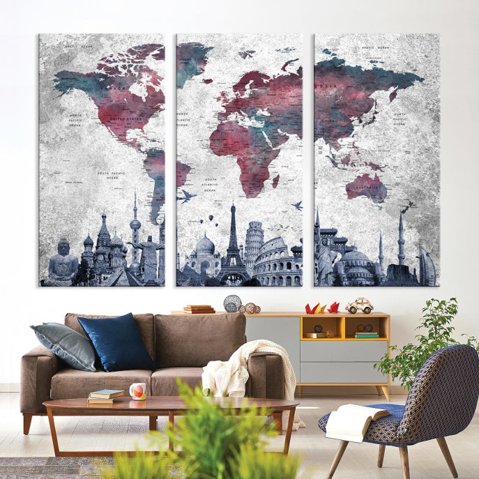 Extra Large World Map Wall Art Canvas Print with World Landmarks Travel Map Push Pin