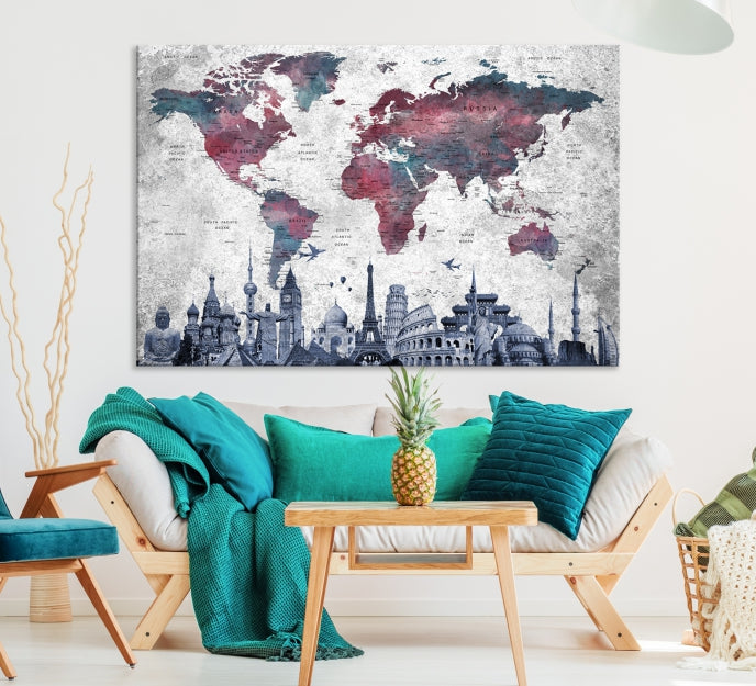 Extra Large World Map Wall Art Canvas Print with World Landmarks Travel Map Push Pin