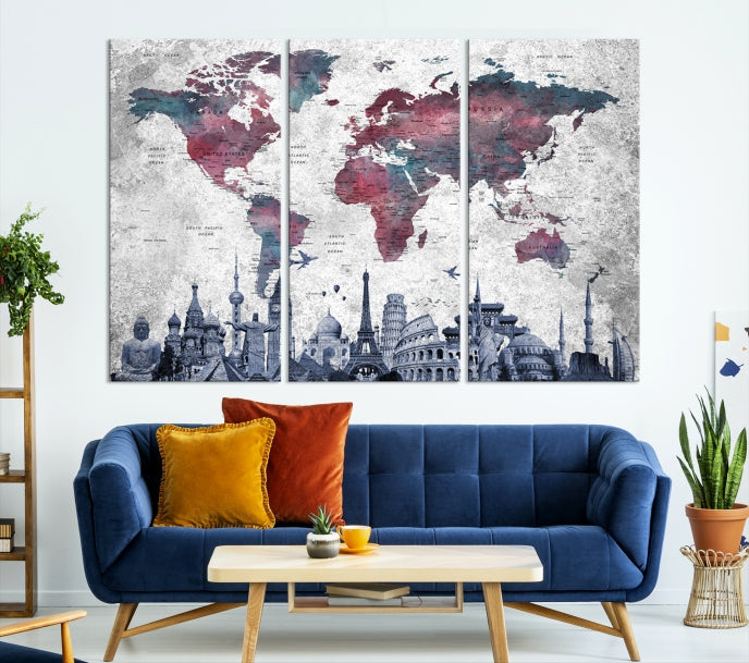 Extra Large World Map Wall Art Canvas Print with World Landmarks Travel Map Push Pin