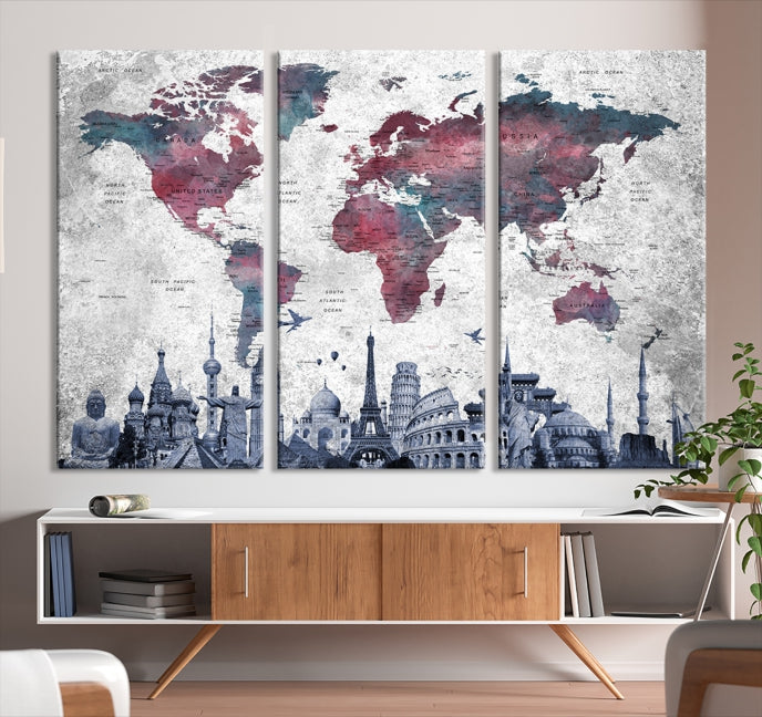 Extra Large World Map Wall Art Canvas Print with World Landmarks Travel Map Push Pin