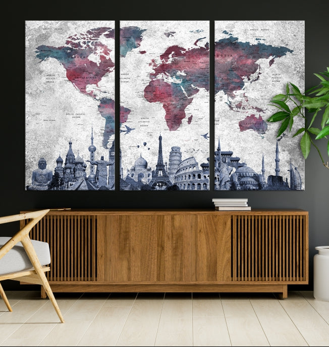 Extra Large World Map Wall Art Canvas Print with World Landmarks Travel Map Push Pin