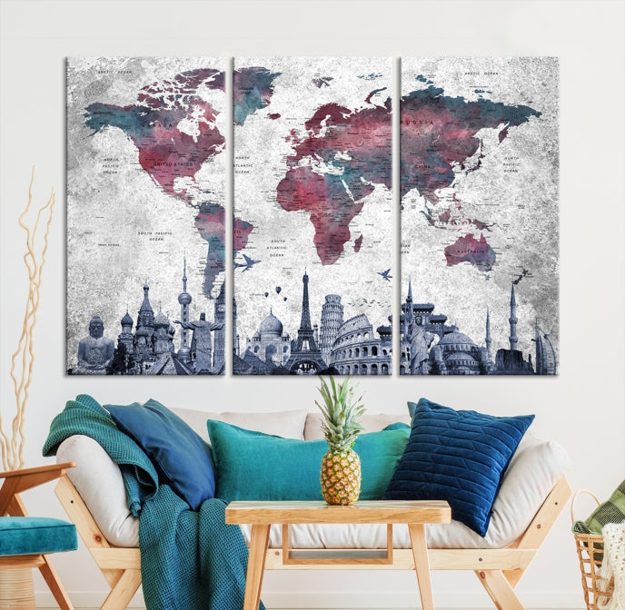 Extra Large World Map Wall Art Canvas Print with World Landmarks Travel Map Push Pin