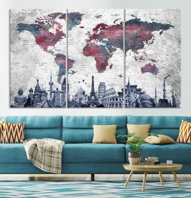 Extra Large World Map Wall Art Canvas Print with World Landmarks Travel Map Push Pin