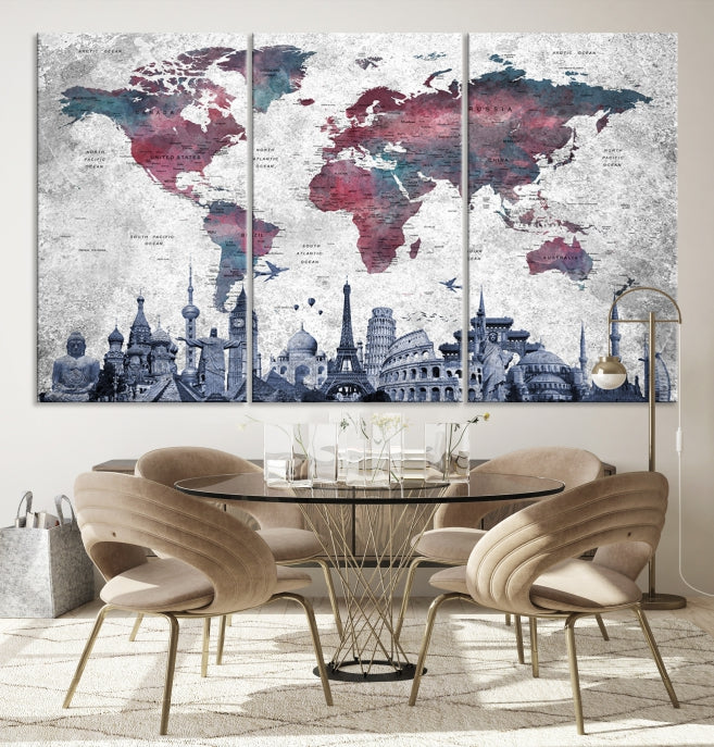 Extra Large World Map Wall Art Canvas Print with World Landmarks Travel Map Push Pin