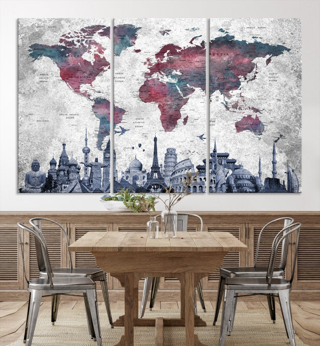 Extra Large World Map Wall Art Canvas Print with World Landmarks Travel Map Push Pin