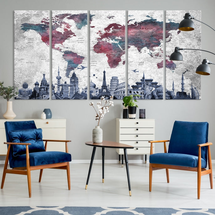 Extra Large World Map Wall Art Canvas Print with World Landmarks Travel Map Push Pin