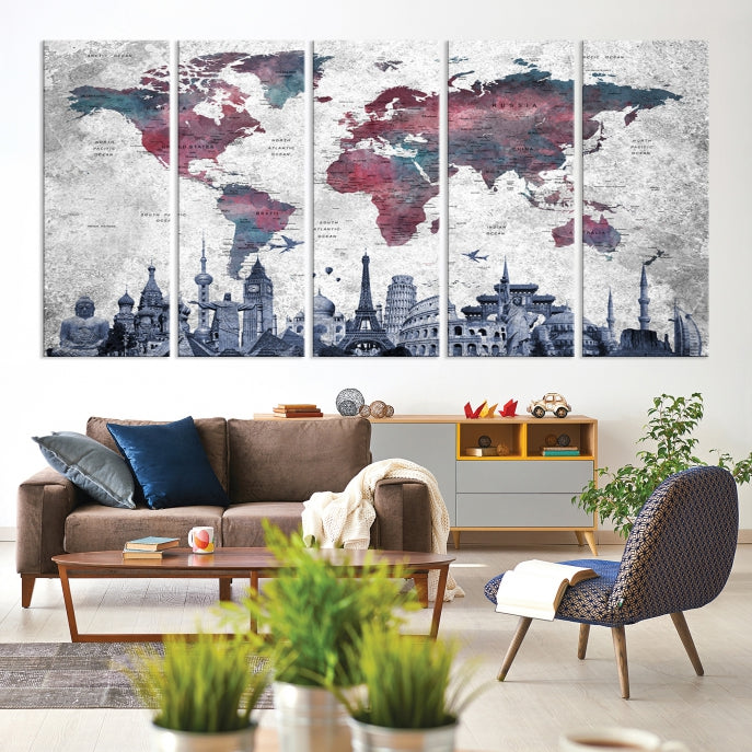 Extra Large World Map Wall Art Canvas Print with World Landmarks Travel Map Push Pin