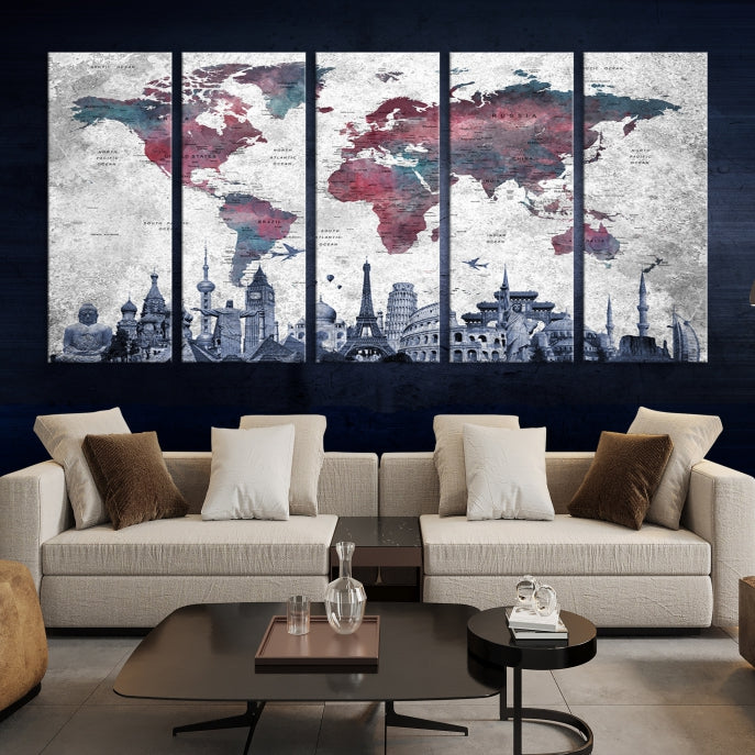 Extra Large World Map Wall Art Canvas Print with World Landmarks Travel Map Push Pin