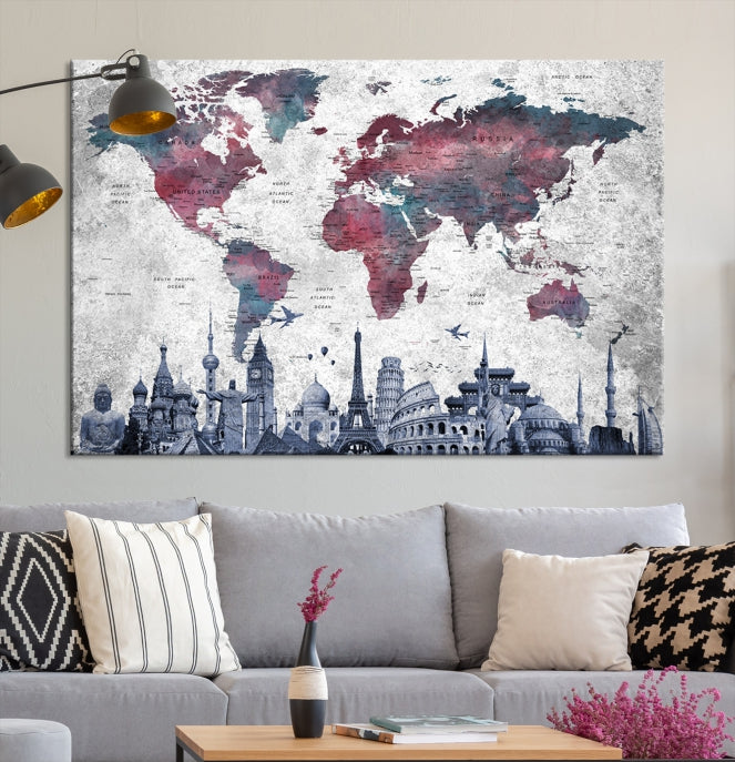 Extra Large World Map Wall Art Canvas Print with World Landmarks Travel Map Push Pin