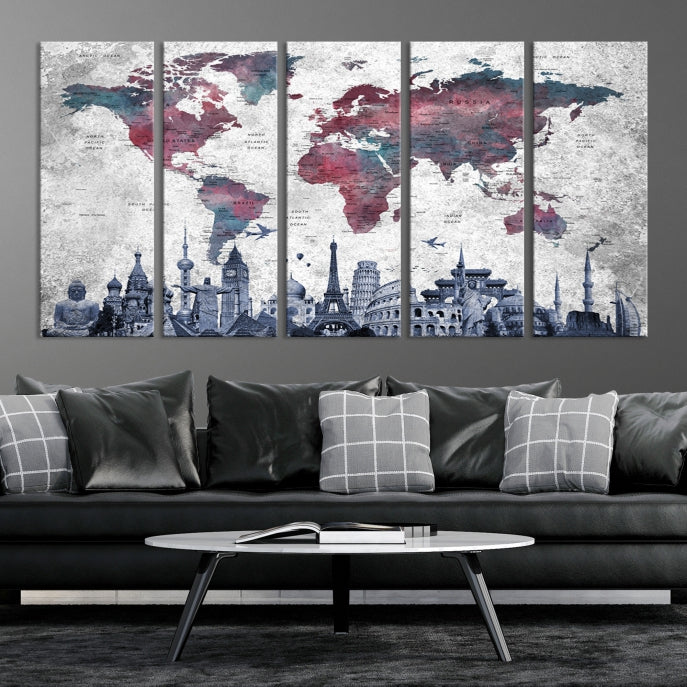 Extra Large World Map Wall Art Canvas Print with World Landmarks Travel Map Push Pin