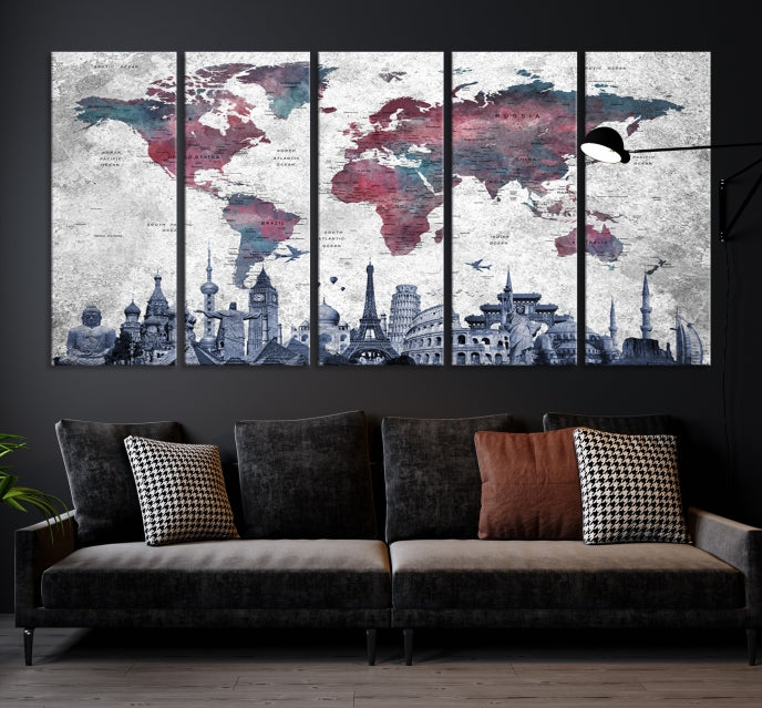 Extra Large World Map Wall Art Canvas Print with World Landmarks Travel Map Push Pin