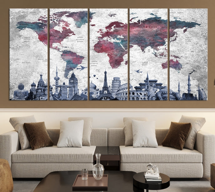 Extra Large World Map Wall Art Canvas Print with World Landmarks Travel Map Push Pin