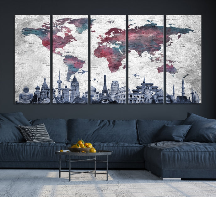 Extra Large World Map Wall Art Canvas Print with World Landmarks Travel Map Push Pin