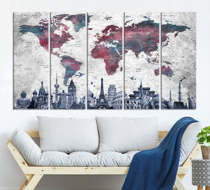 Extra Large World Map Wall Art Canvas Print with World Landmarks Travel Map Push Pin