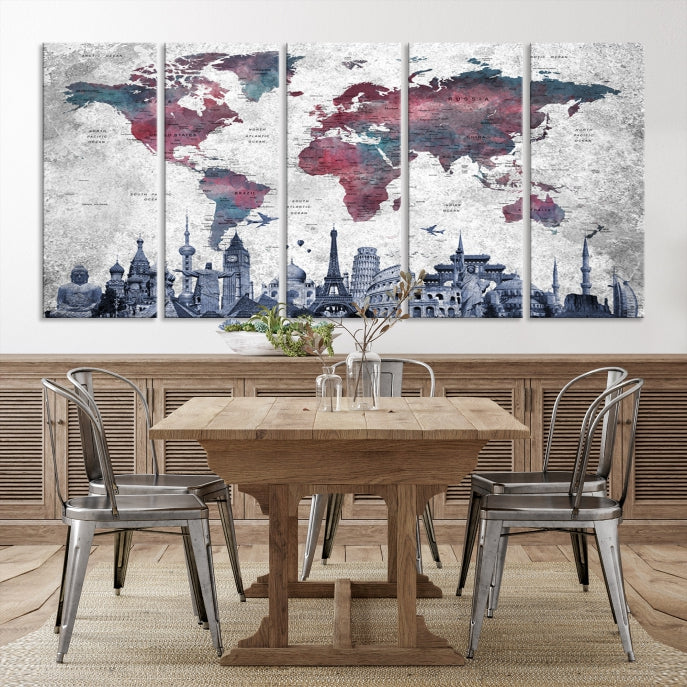 Extra Large World Map Wall Art Canvas Print with World Landmarks Travel Map Push Pin