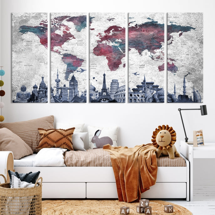 Extra Large World Map Wall Art Canvas Print with World Landmarks Travel Map Push Pin