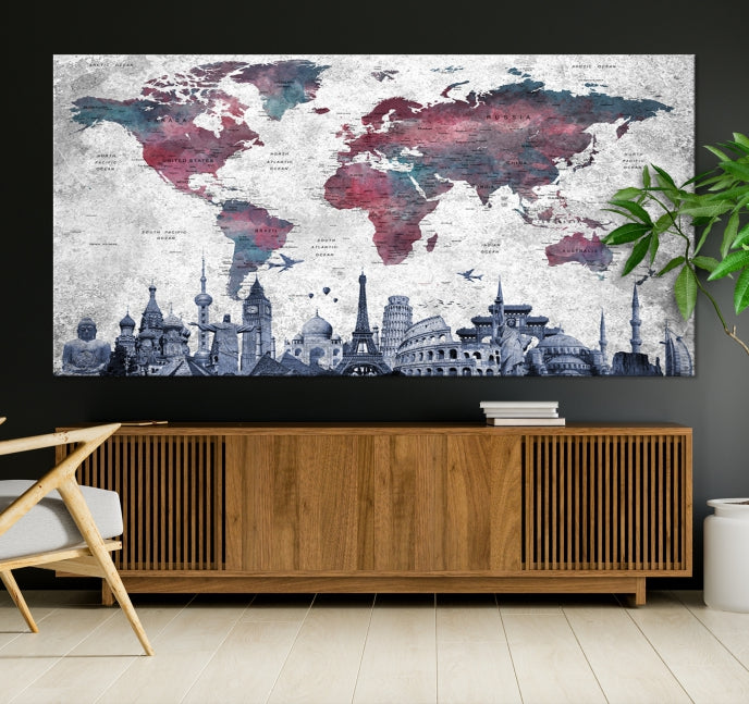 Extra Large World Map Wall Art Canvas Print with World Landmarks Travel Map Push Pin