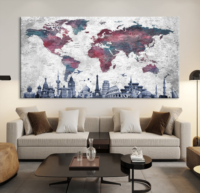 Extra Large World Map Wall Art Canvas Print with World Landmarks Travel Map Push Pin