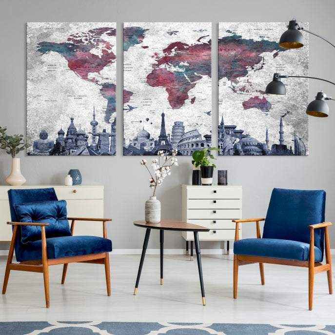 Extra Large World Map Wall Art Canvas Print with World Landmarks Travel Map Push Pin