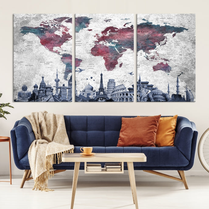 Extra Large World Map Wall Art Canvas Print with World Landmarks Travel Map Push Pin