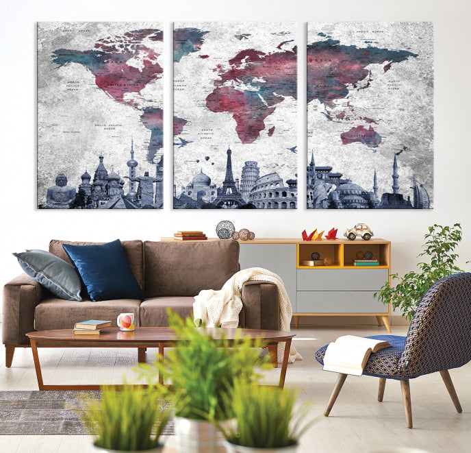 Extra Large World Map Wall Art Canvas Print with World Landmarks Travel Map Push Pin