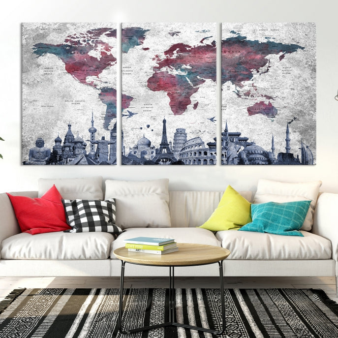 Extra Large World Map Wall Art Canvas Print with World Landmarks Travel Map Push Pin