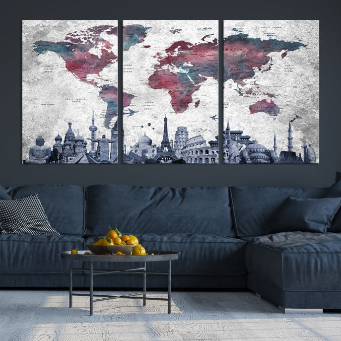 Extra Large World Map Wall Art Canvas Print with World Landmarks Travel Map Push Pin