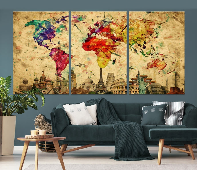 Extra Large World Map Wall Art with Landmarks Map Poster of the World Canvas Print