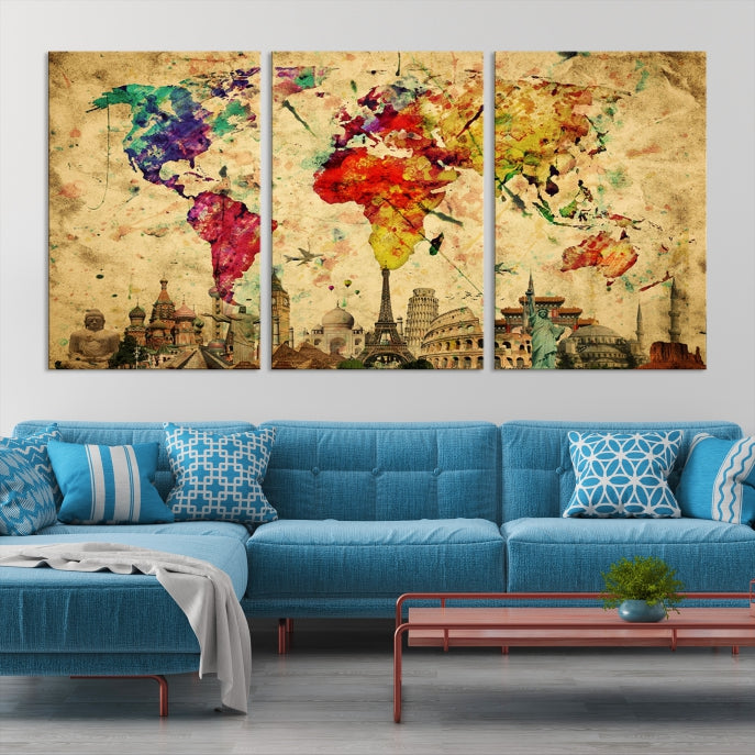 Extra Large World Map Wall Art with Landmarks Map Poster of the World Canvas Print