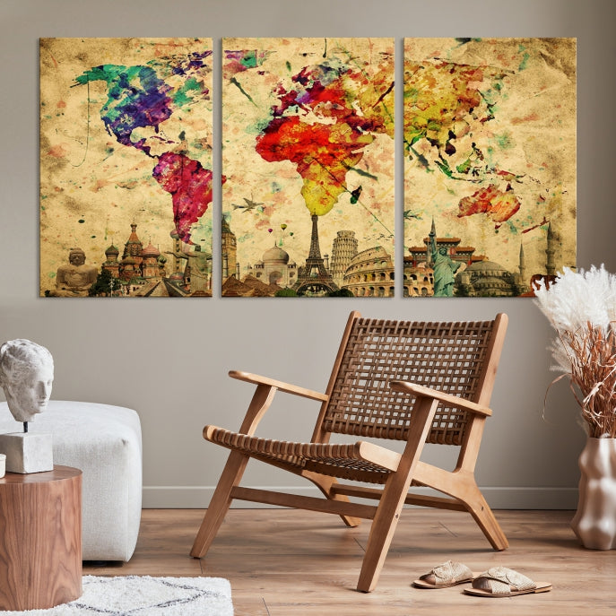 Extra Large World Map Wall Art with Landmarks Map Poster of the World Canvas Print