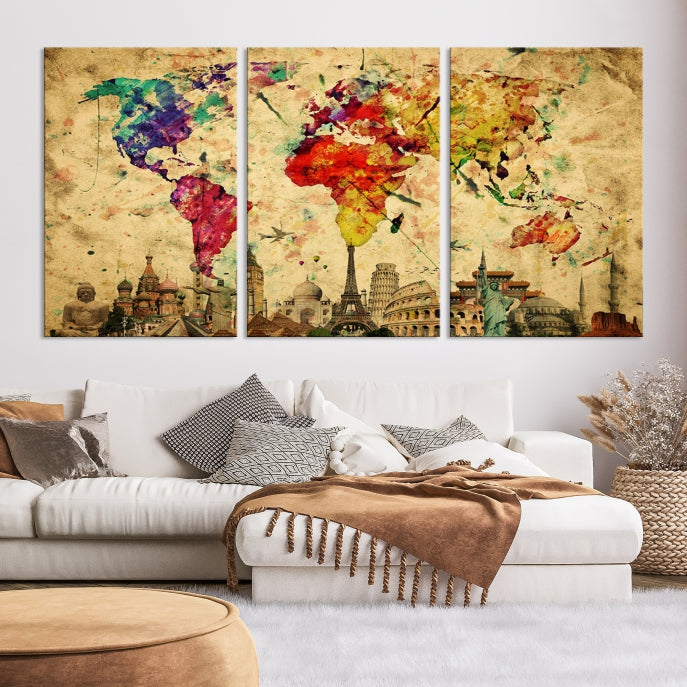 Extra Large World Map Wall Art with Landmarks Map Poster of the World Canvas Print