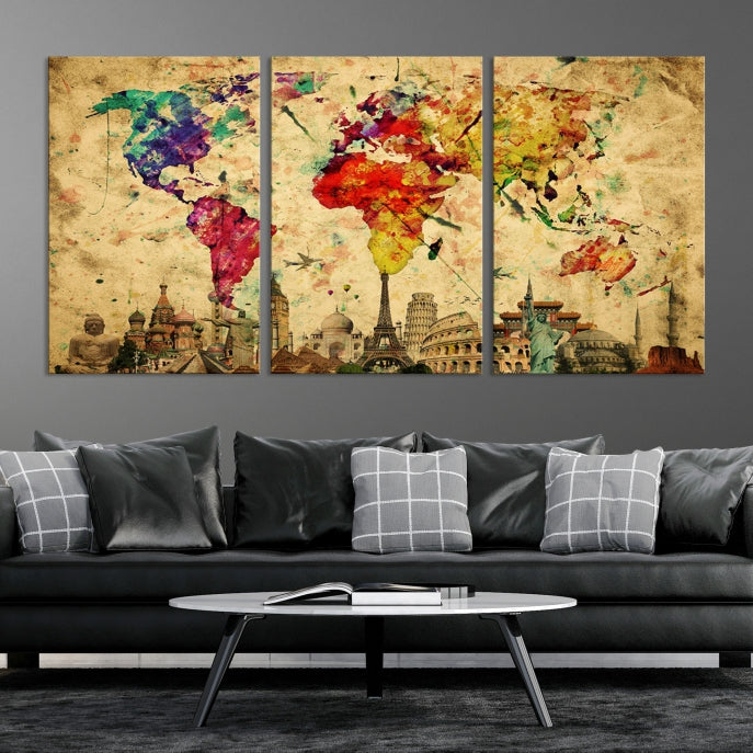 Extra Large World Map Wall Art with Landmarks Map Poster of the World Canvas Print