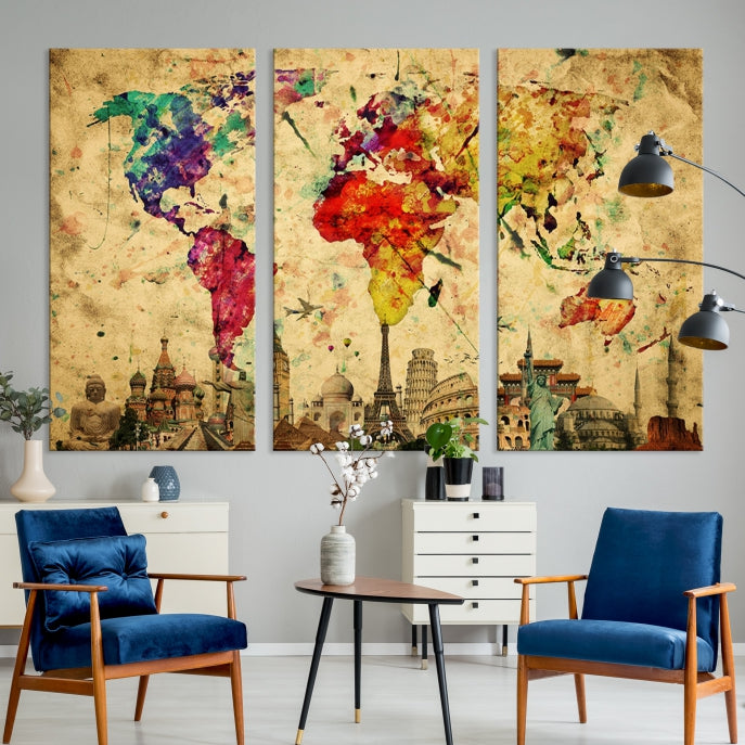 Extra Large World Map Wall Art with Landmarks Map Poster of the World Canvas Print