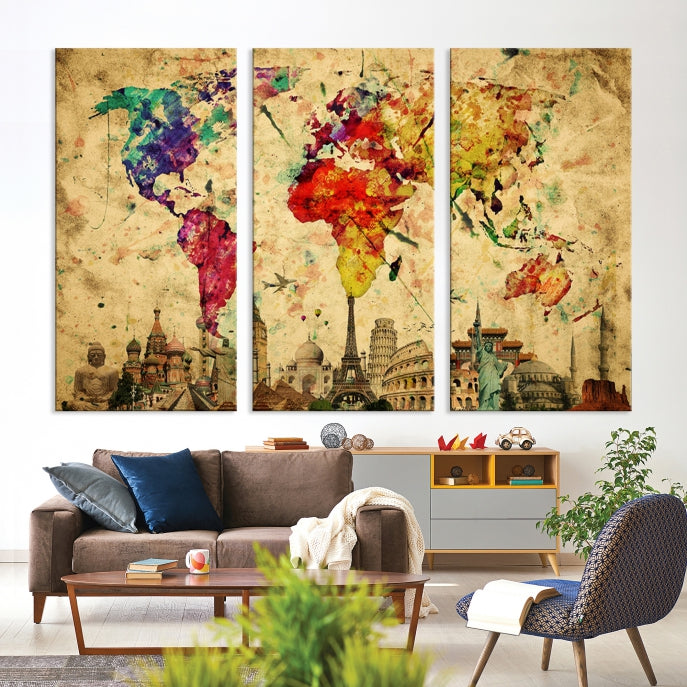 Extra Large World Map Wall Art with Landmarks Map Poster of the World Canvas Print