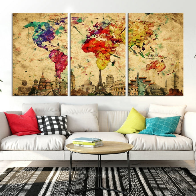 Extra Large World Map Wall Art with Landmarks Map Poster of the World Canvas Print