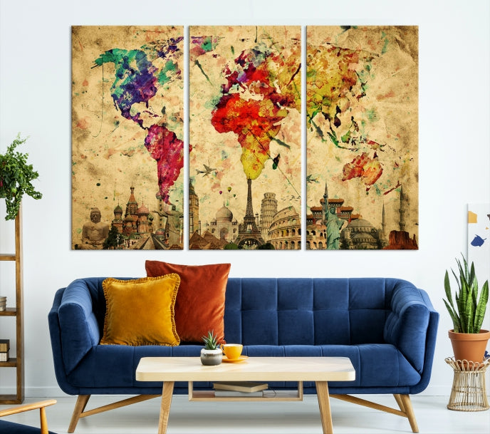 Extra Large World Map Wall Art with Landmarks Map Poster of the World Canvas Print