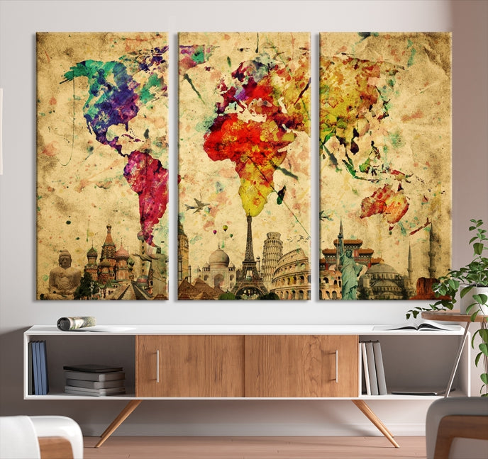 Extra Large World Map Wall Art with Landmarks Map Poster of the World Canvas Print