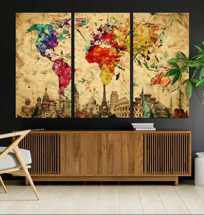 Extra Large World Map Wall Art with Landmarks Map Poster of the World Canvas Print