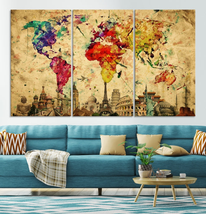 Extra Large World Map Wall Art with Landmarks Map Poster of the World Canvas Print