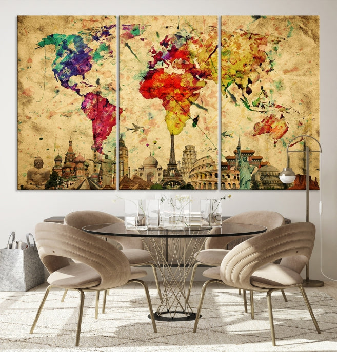 Extra Large World Map Wall Art with Landmarks Map Poster of the World Canvas Print